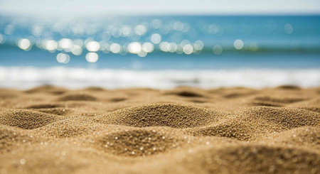 A serene beach scene with sand and ocean in the background on a sunny day