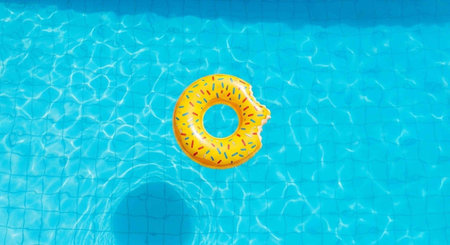A yellow inflatable donut floats on the surface of a calm swimming pool with clear blue water