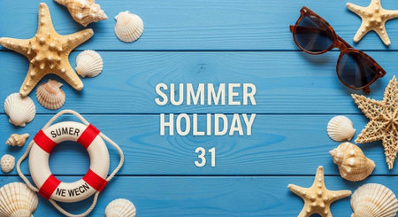 A colorful summer holiday scene with seashells, starfish, and sunglasses on a blue wooden background