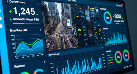 A computer screen displaying a cityscape and various data analytics graphs in a modern dashboard interface