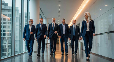 A group of business professionals walking together in a modern office building hallway