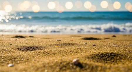A serene beach scene with sand and ocean waves under a bright sunny sky