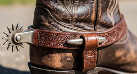A close-up view of a brown leather cowboy boot with a silver spur