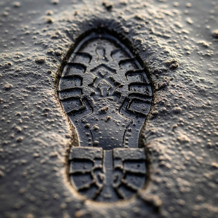 A close-up view of a shoe print left in the muddy ground outdoors