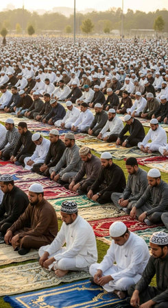 A large group of men sitting on colorful rugs in an outdoor setting for a religious gathering