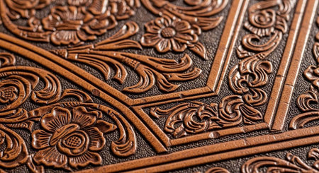 A close-up view of intricately carved leather with floral patterns and geometric designs