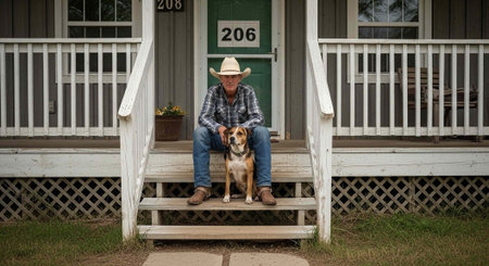 A man in a cowboy hat sits on the porch steps with his dog in a quiet neighborhood.