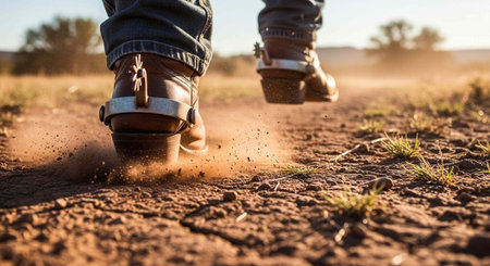 A person wearing brown boots runs through a dusty field on a sunny day with trees in the background