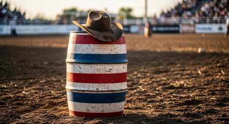 A rustic painted barrel with a cowboy hat on top in a rodeo arena during sunset