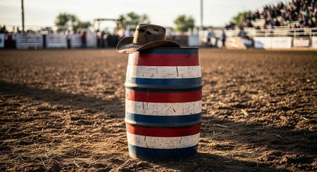 A cowboy hat sits atop a painted barrel in a rodeo arena with spectators in the background.