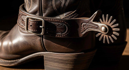 A close-up view of a brown leather cowboy boot with a silver spur and buckle