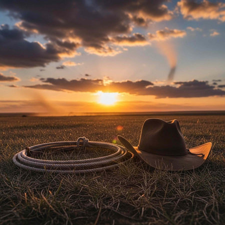 Cowboy hat and rope on the green grass with sunset background.