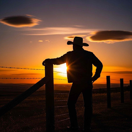 A cowboy stands silhouetted against a vibrant sunset in a peaceful rural landscape with a barbed wire fence