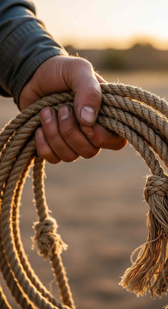Rope in the hands of a man, close-up.