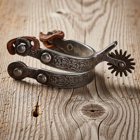 A pair of intricately designed metal spurs with leather straps on a wooden surface