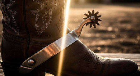 A close-up of a cowboy boot with a spur attached at sunset
