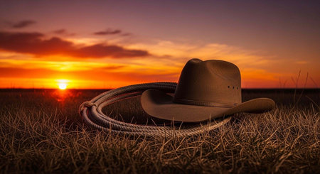 Cowboy hat and rope on the meadow at sunset background.