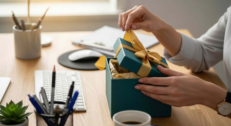 A person opening a gift box at their office desk with a cup of coffee and computer nearby