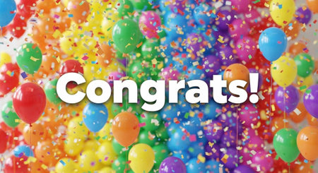 A colorful celebration background with balloons and confetti and a congratulatory message