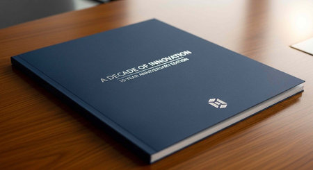 A dark blue book titled A Decade of Innovation lies on a wooden table in an office setting.