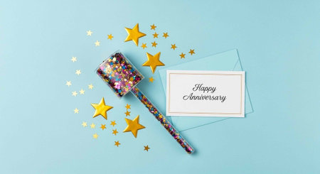 A colorful party hammer and a Happy Anniversary card on a light blue background with gold stars
