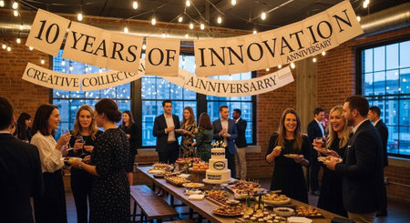 A group of business professionals celebrate 10 years of innovation at a networking event with food and drinks