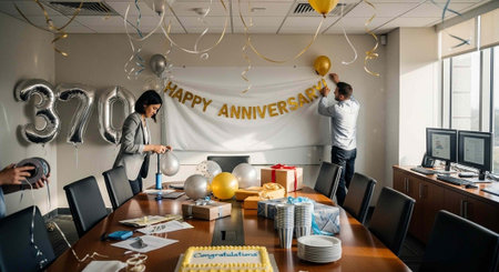 Two colleagues decorating a conference room for a 3700 anniversary celebration with balloons and streamers
