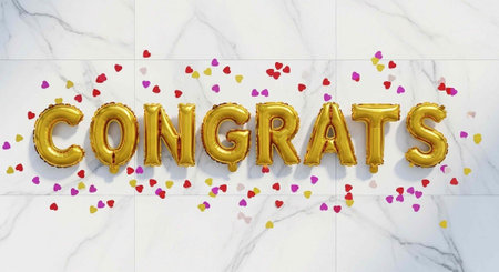 A celebratory gold balloon spelling congrats surrounded by colorful heart confetti on a marble background