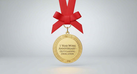 A gold medal with a red ribbon awarded for outstanding dedication on a work anniversary