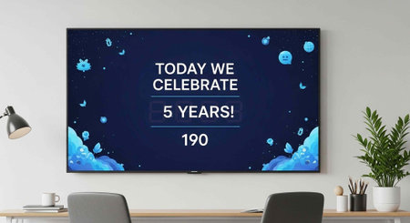 A large screen TV mounted on a white wall in a modern office space celebrating five years