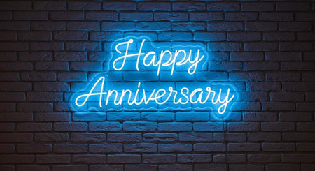 Happy Anniversary neon sign on brick wall background. Vector illustration for your design