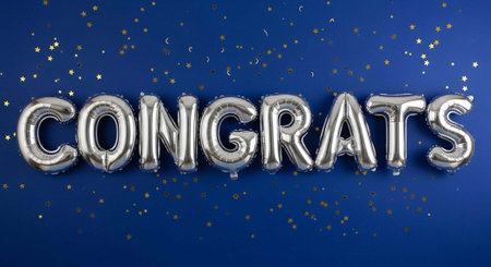 3d rendering silver balloons with stars confetti on a blue background