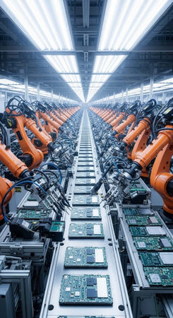Industrial robot assembly line in factory. Smart industry 4.0 concept
