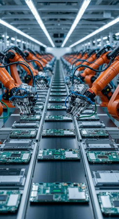 Row of robots in factory production line. Industrial robotic technology concept.