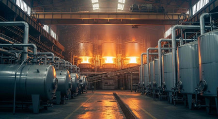Industrial interior of a steel factory with large tanks and pipes.