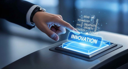 Innovation and innovation concept. Businessman pressing button on virtual screen.