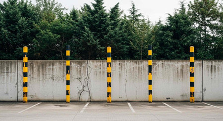 Parking lot with yellow and black warning stripes on concrete wall.
