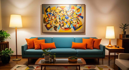 Interior of modern living room with blue sofa and orange pillows
