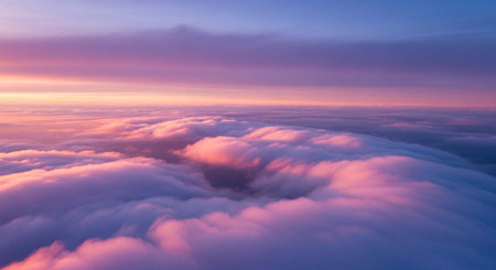 Beautiful aerial view above the clouds at sunset. Panorama.