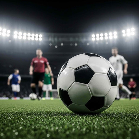 Soccer ball on the field with player in the background at night