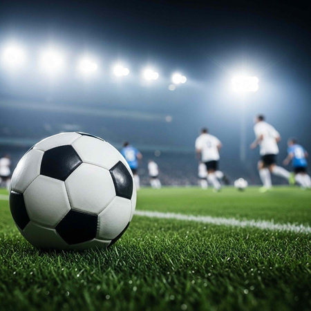 Soccer ball on the field of stadium with players in the background
