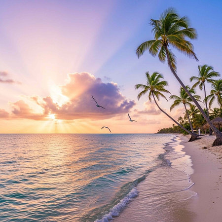 Beautiful tropical beach with palm tree and sea at sunset or sunrise time