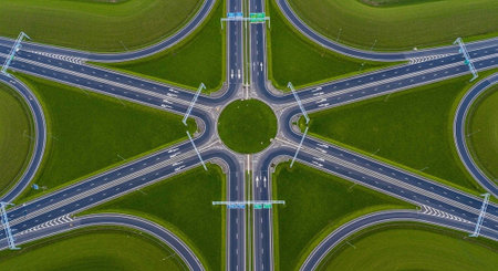 Aerial view of a highway with crossroads, roads and houses