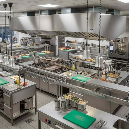 Interior of a modern commercial kitchen with stainless steel utensils