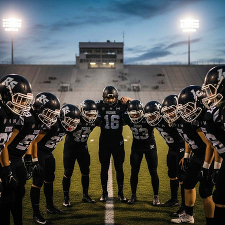 American football players on the field at night. Low angle view.