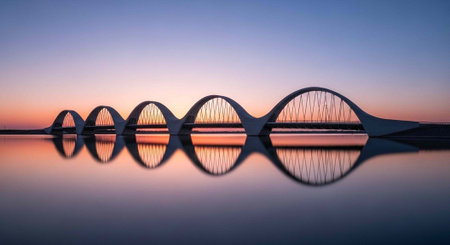 Sunset view of the bridge in Orenburg, Russia.