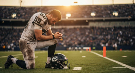 American football player in action on the field at sunset with copy space