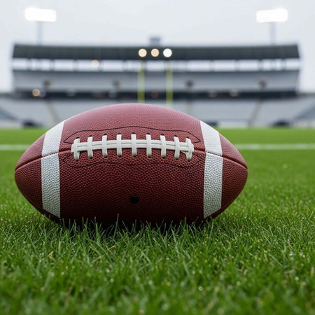 American football ball on green grass with blurry stadium in the background.
