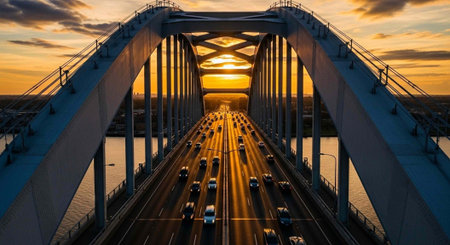 Aerial view of highway with cars on the bridge at sunset.