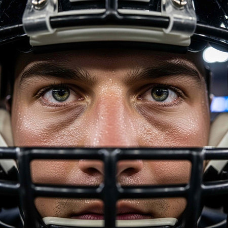 Close-up portrait of a young American football player in protective helmet.